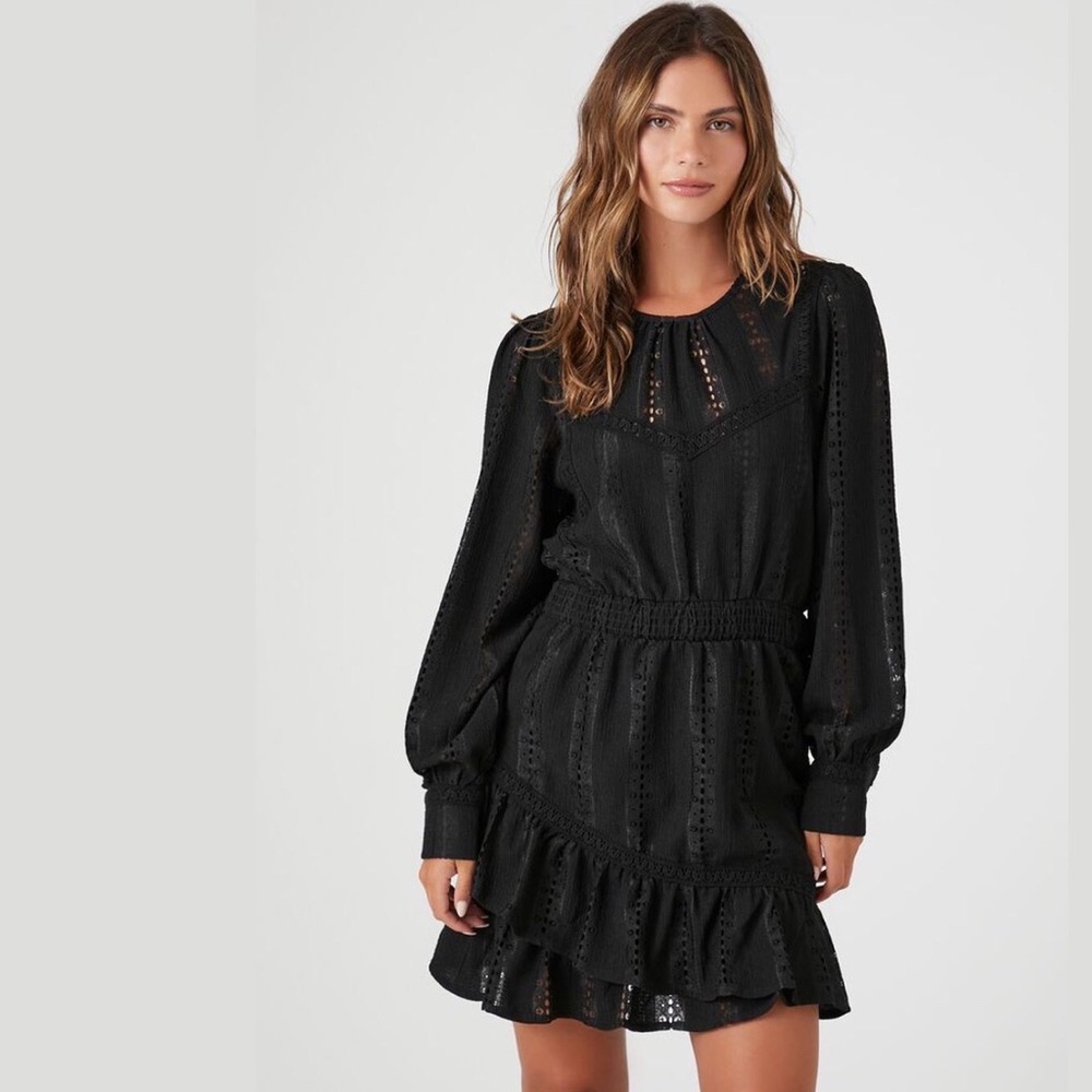 Black Dress Lace Eyelet Mini Dress